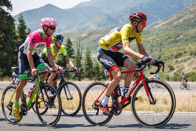 Tejay van Garderen (BMC) leads Michael Woods (EF Education First - Drapac) on the way up the climb on August 8, 2018 in Cedar City, Utah.