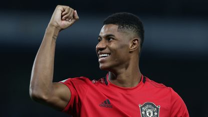 Marcus Rashford of Manchester United celebrates after the Carabao Cup Round of 16 match between Chelsea FC and Manchester United at Stamford Bridge on October 30, 2019 in London, England.