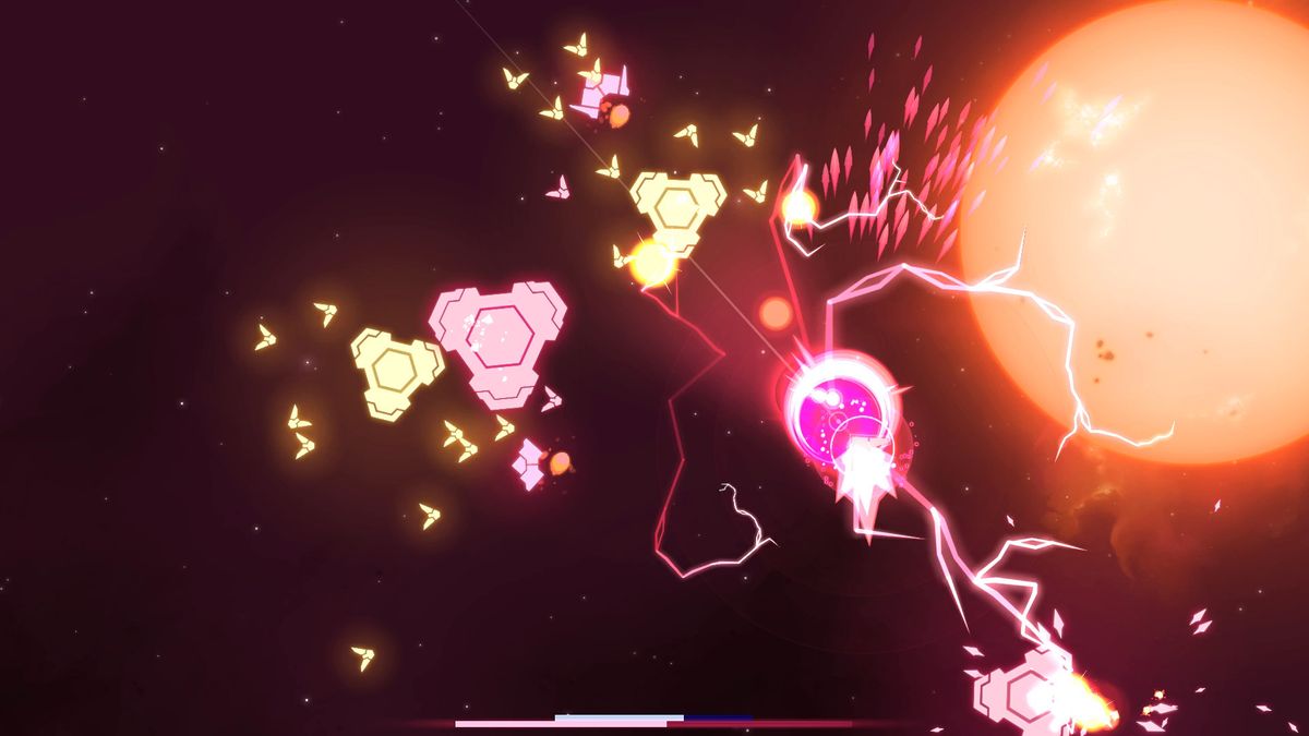 A screenshot from Nova Drift, showing bright pink beams being fired out against the background of space and a glowing sun.