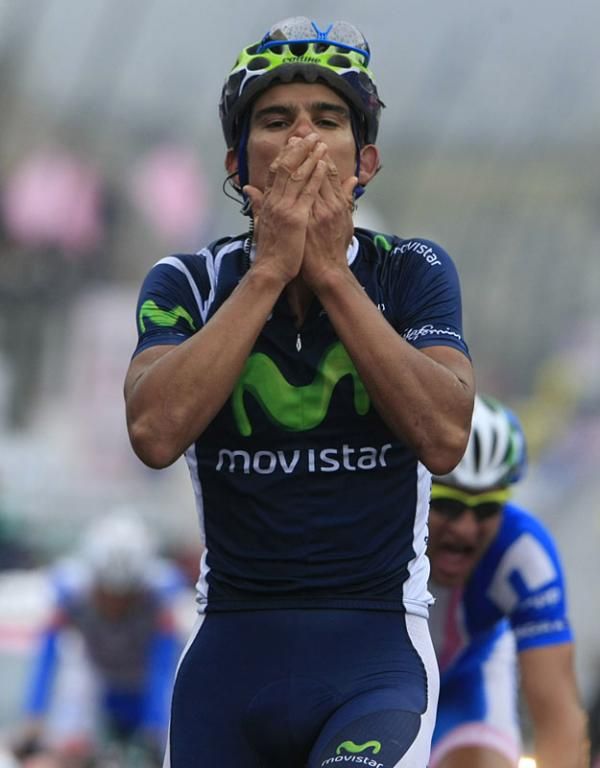 Andrey Amador Bakkazakova (Movistar Team) celebrates winning stage 14 of the Giro d'Italia