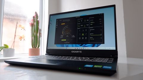 Gigabyte G5 (2023) gaming laptop on a white desk