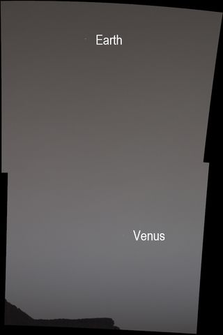 Two images of the night sky were combined to show Earth and Venus as seen by the Mast Camera aboard NASA's Curiosity Mars rover on June 5, 2020, the 2,784th Martian day, or sol, of the mission. Both planets appear as mere pinpoints of light owing to a combination of distance and dust in the air; they would normally look like bright stars. A feature called Tower Butte is just visible at the bottom of the image, part of the clay-bearing region that Curiosity has been exploring since early 2019.