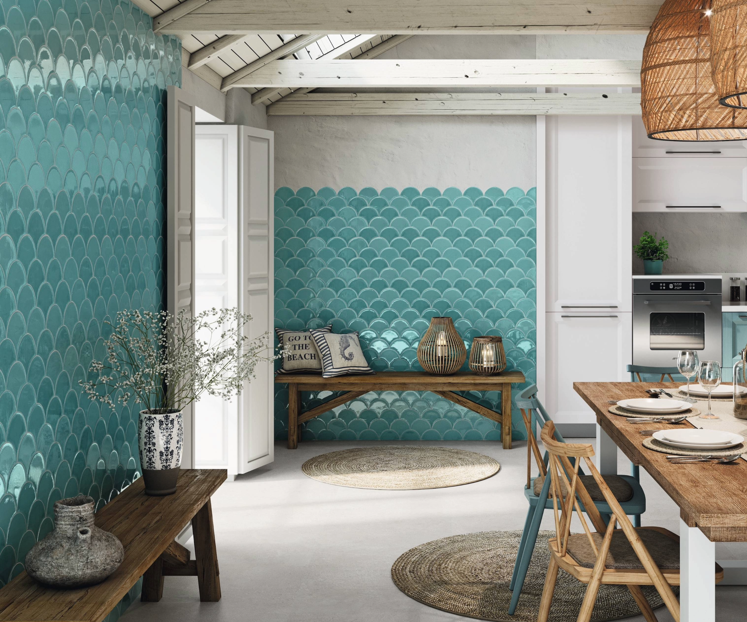 Kitchen with blue fan shaped tiles and wooden details