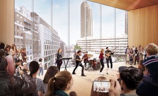 Visualization of one of the studio spaces in the London Centre. Next to a panoramic wall-window people are performing, while on the other side the crowd is watching them perform.