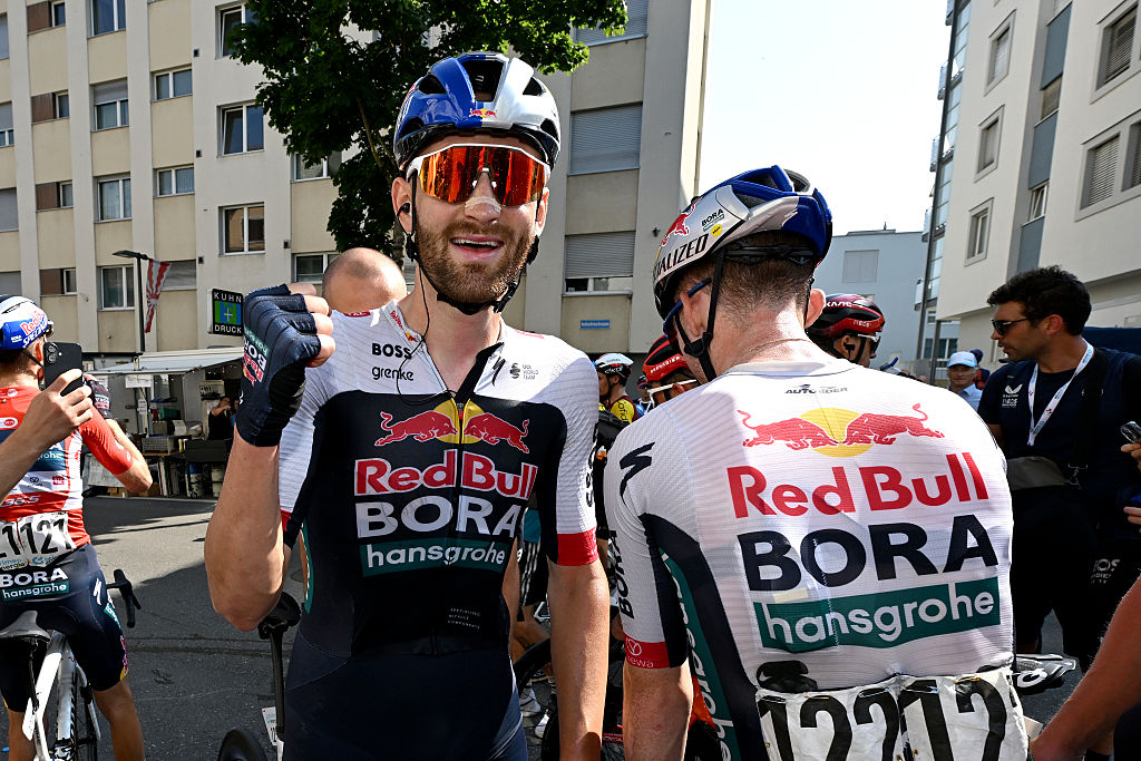 NEUHAUSEN AM RHEINFALL, SWITZERLAND - JUNE 20: Stage winner Jordi Meeus of Belgium and Team Red Bull - BORA - hansgrohe reacts after the 88th Tour de Suisse 2025, Stage 6 a 186.7km stage from Chur to Neuhausen am Rheinfall / #UCIWT / on June 20, 2025 in Neuhausen am Rheinfall, Switzerland. (Photo by Tim de Waele/Getty Images)