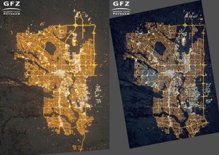 Images of Calgary, Alberta, Canada, taken from the International Space Station. On the left, an image taken on December 23, 2010. Residential areas are mainly lit by orange sodium lamps. On the right, an image taken Nov. 27, 2015. Many areas on the outskirts are newly lit compared to 2010, and many neighborhoods have switched from orange sodium lamps to white LED lamps.