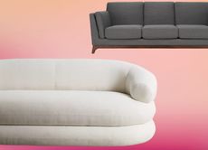 white rounded sofa and grey mid century sofa