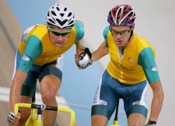 Stuart O'Grady was also a force to be reckoned with on the track. Here O'Grady, left, partnered with Graeme Brown to win the gold medal in the 2004 Olympic Games Madison event.