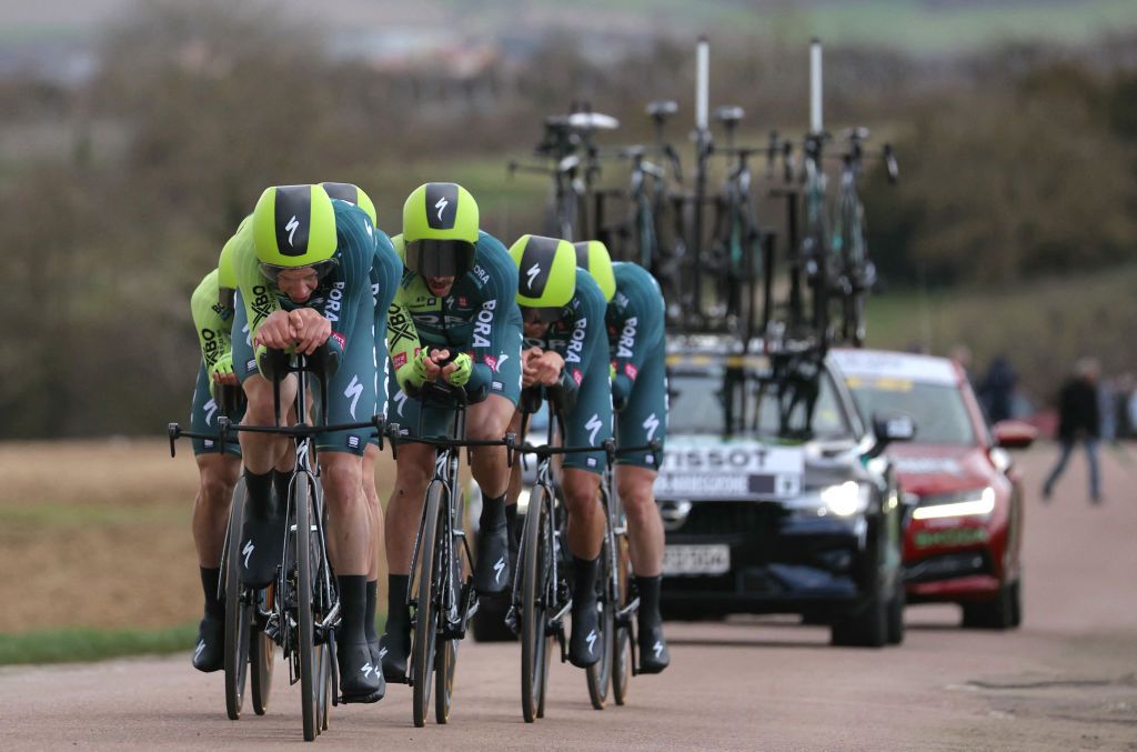 BORA&acirc;Hansgrohe's team competes during the 3rd stage of the Paris-Nice cycling race, 26,9 km team time trial between Auxerre and Auxerre, on March 5, 2024. (Photo by Thomas SAMSON / AFP)
