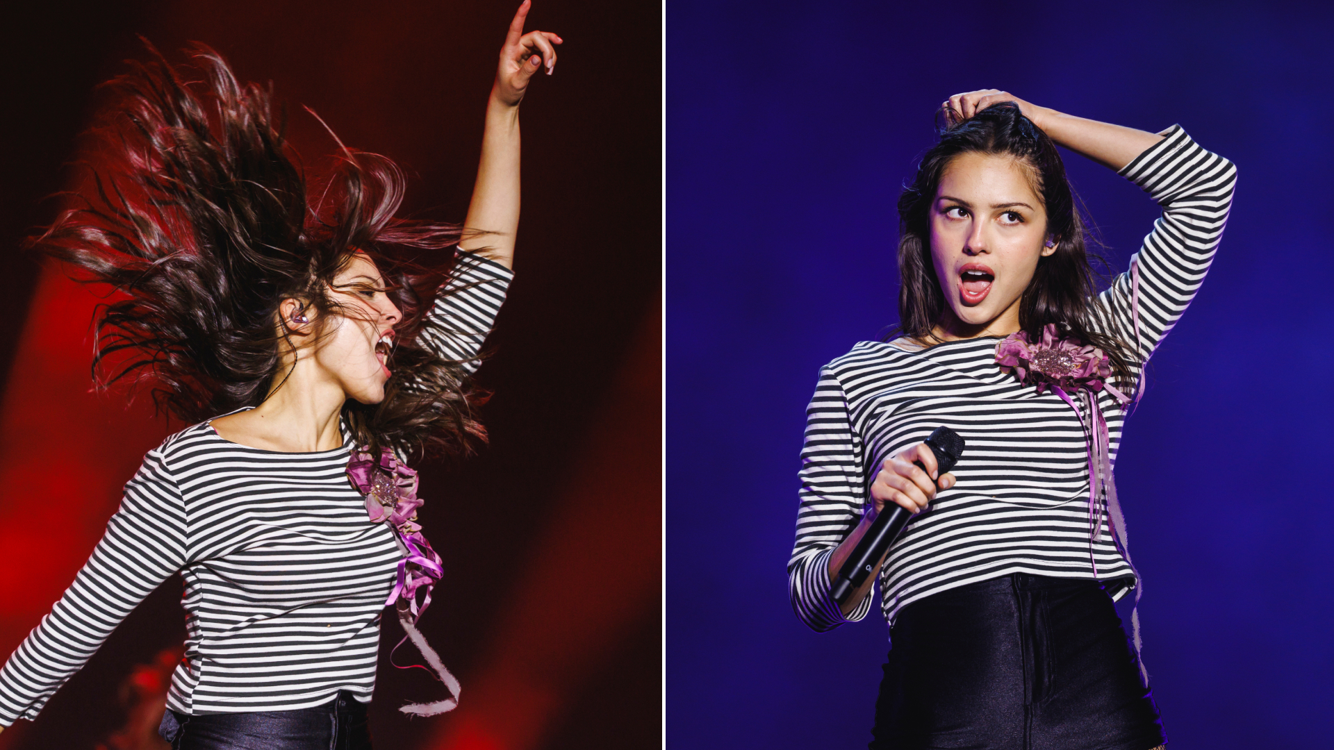 Olivia Rodrigo performs during Primavera Sound 2026 at Parc Del Forum in Barcelona, Spain on June 6, 2026 wearing black hot pants, a striped breton top, and knee-high Dr Martens boots