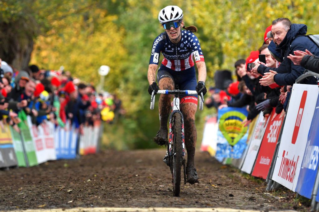 OUDENAARDE BELGIUM NOVEMBER 01 Clara Honsinger of The United States and Team CannondaleCyclocrossworld celebrates at finish line as race winner during the 32nd Koppenbergcross Grand Prix Jolien Verschueren 2021 Womens Elite Koppenbergcross Oudenaarde X2OBadkamersTrofee on November 01 2021 in Oudenaarde Belgium Photo by Luc ClaessenGetty Images