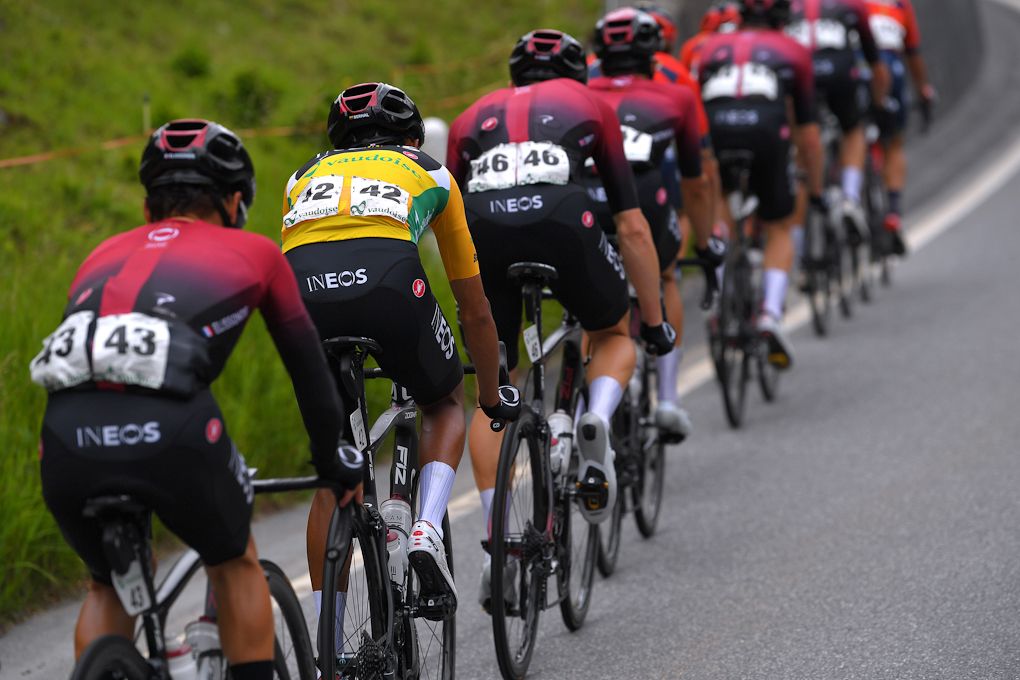 Egan Bernal in yellow among his Team Ineos teammates at Tour de Suisse