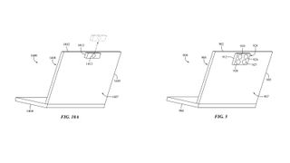 Two patent illustrations showing a laptop with a rear camera module