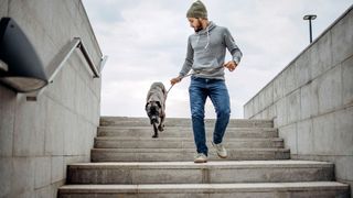 Man walking down the stairs with his dog