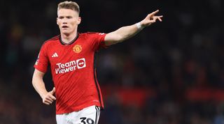 Scott McTominay of Manchester United gestures during the Premier League match between Manchester United and Wolverhampton Wanderers at Old Trafford on August 14, 2023 in Manchester, England.