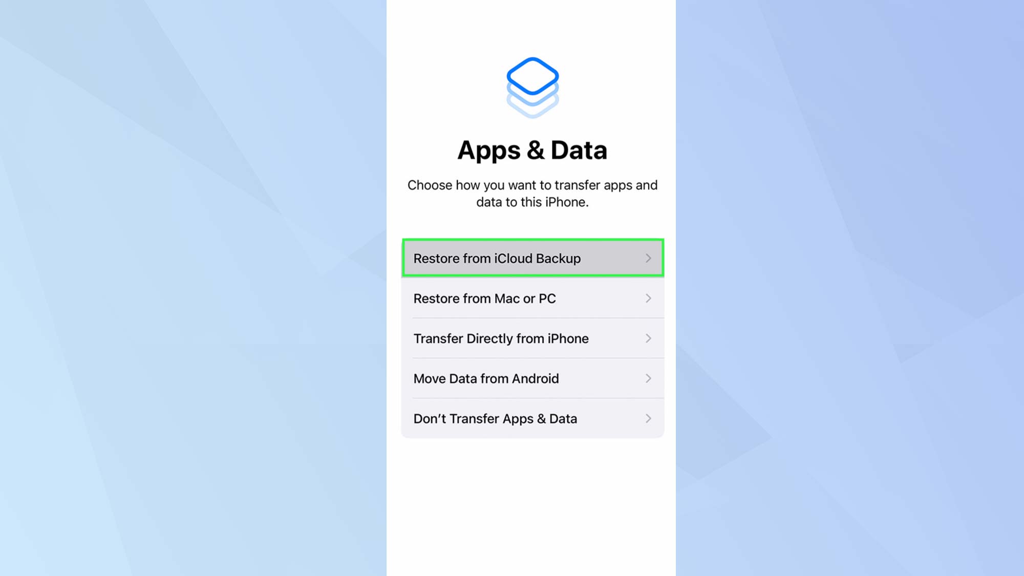 Приложение iOS Apps & Data с выделенным пунктом «Восстановление из резервной копии iCloud»
