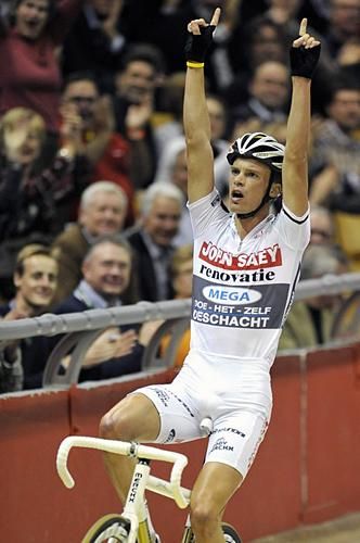 Iljo Keisse celebrates a win in one of the night's Madison races.