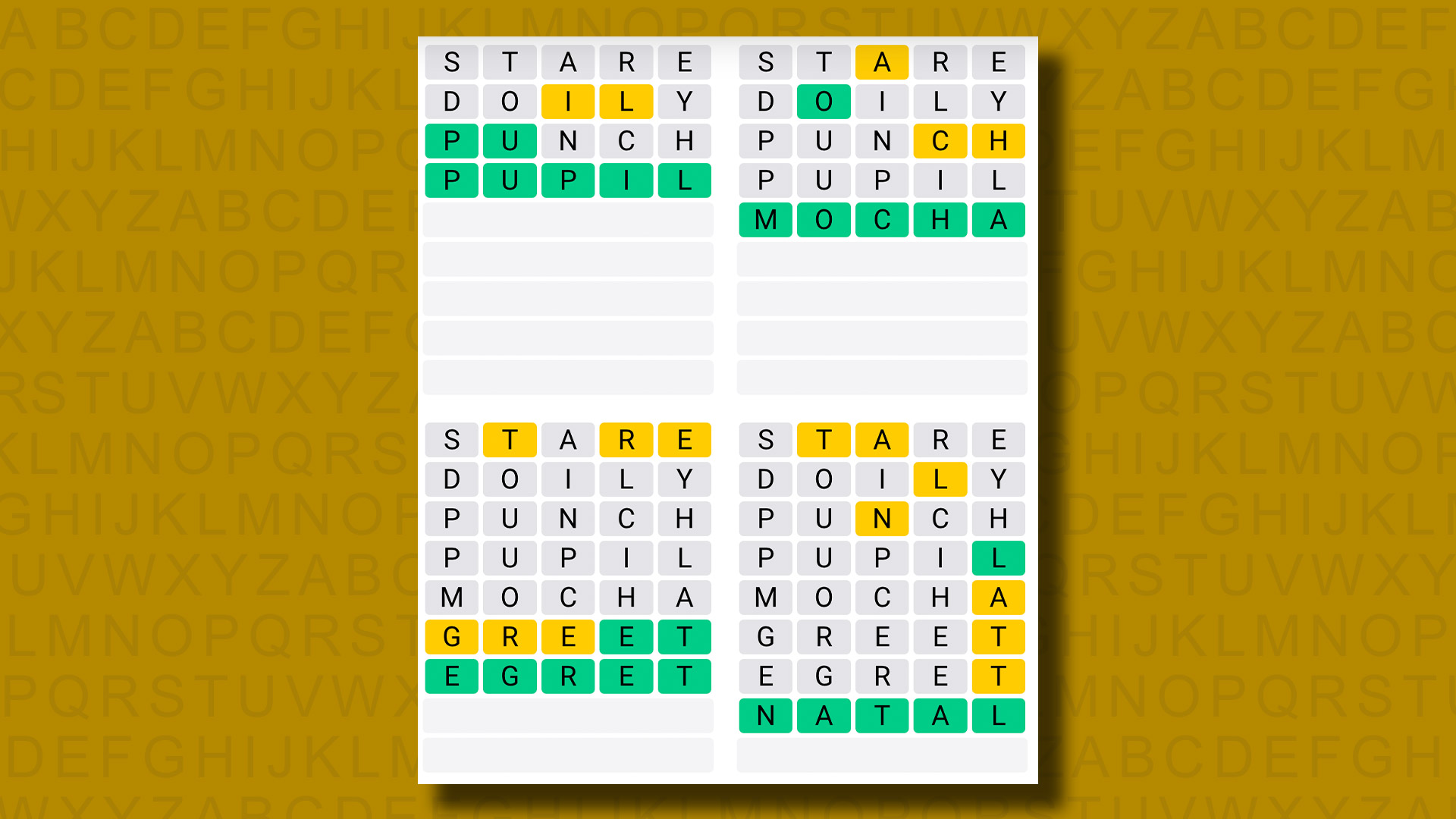 Quordle answers for game 998 on a yellow background