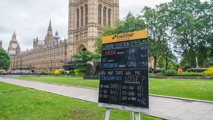 A bookmaker in College Green offering betting odds on the outcome of the general election for Betfair