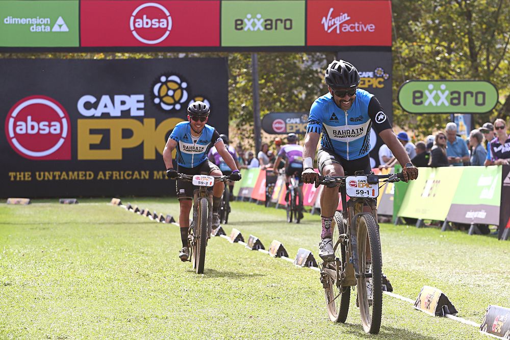 masters leaders Jose Hermida and Joaquim Rodrigues during stage 4 of the 2019 Absa Cape Epic Mountain Bike stage race