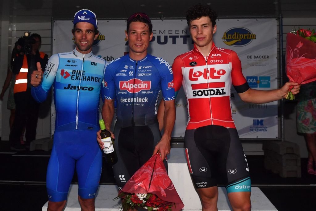 Australian Michael Matthews BikeExchangeJayco Belgian Jasper Philipsen of AlpecinDeceuninck and Belgian Arnaud De Lie of Lotto Soudal pictured on the podium after the Natourcriterium Putte cycling race Sunday 31 July 2022 in Putte The contest is a part of the traditional criteriums local races in which mainly cyclists who rode the Tour de France compete BELGA PHOTO LUC CLAESSEN Photo by LUC CLAESSEN BELGA MAG Belga via AFP Photo by LUC CLAESSENBELGA MAGAFP via Getty Images
