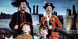 Dick Van Dyke as Bert, Julie Andrews as Mary Poppins, Karen Dotrice as Jane Banks and Matthew Garber