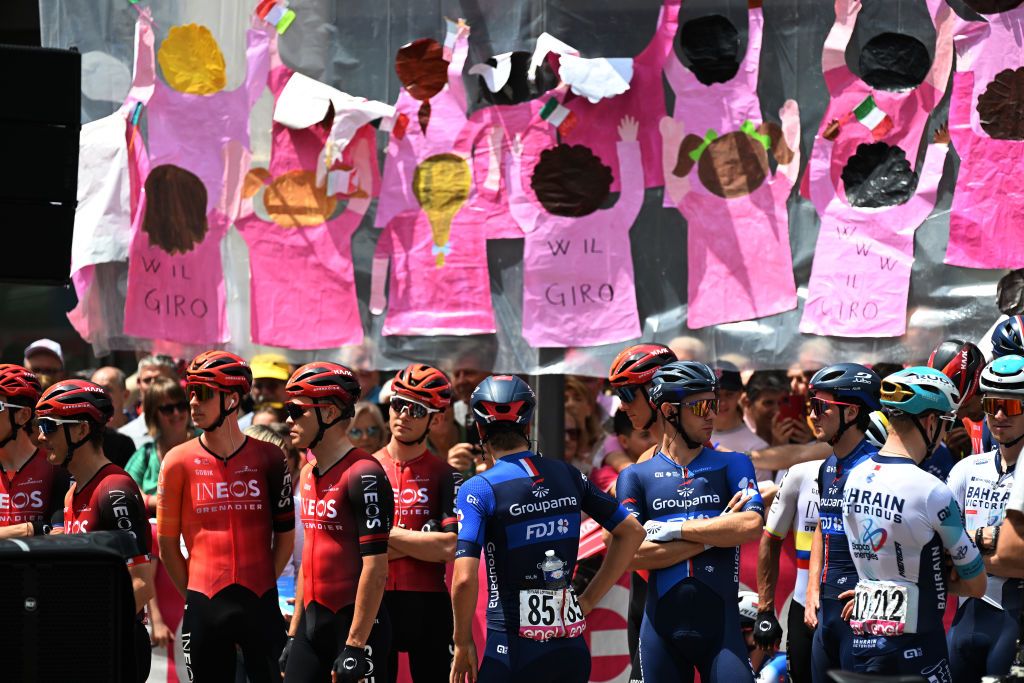 MORTEGLIANO ITALY MAY 24 LR Tobias Foss of Norway Magnus Sheffield of The United States and Team INEOS Grenadiers Lorenzo Germani of Italy Fabien Lienhard of Switzerland and Team Groupama FDJ with teammates prior to the 107th Giro dItalia 2024 Stage 19 a 157km stage from Mortegliano to Sappada 1236m UCIWT on May 24 2024 in Mortegliano Italy Photo by Tim de WaeleGetty Images