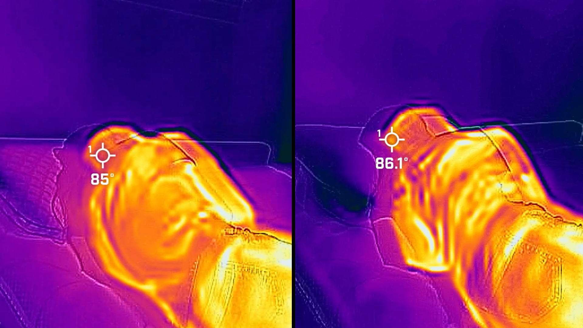 On the left, tester Frances lies on the Helix Cooling Memory Foam Pillow. After 9 minutes, the temperature is 85. On the right, tester Frances lies on the Hotel Collection Pillow. After 9 minutes, the temperature is 86.1