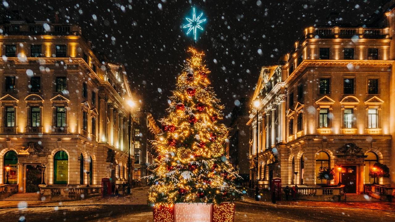 A large Christmas tree in the London city centre, lit up in the evening. 