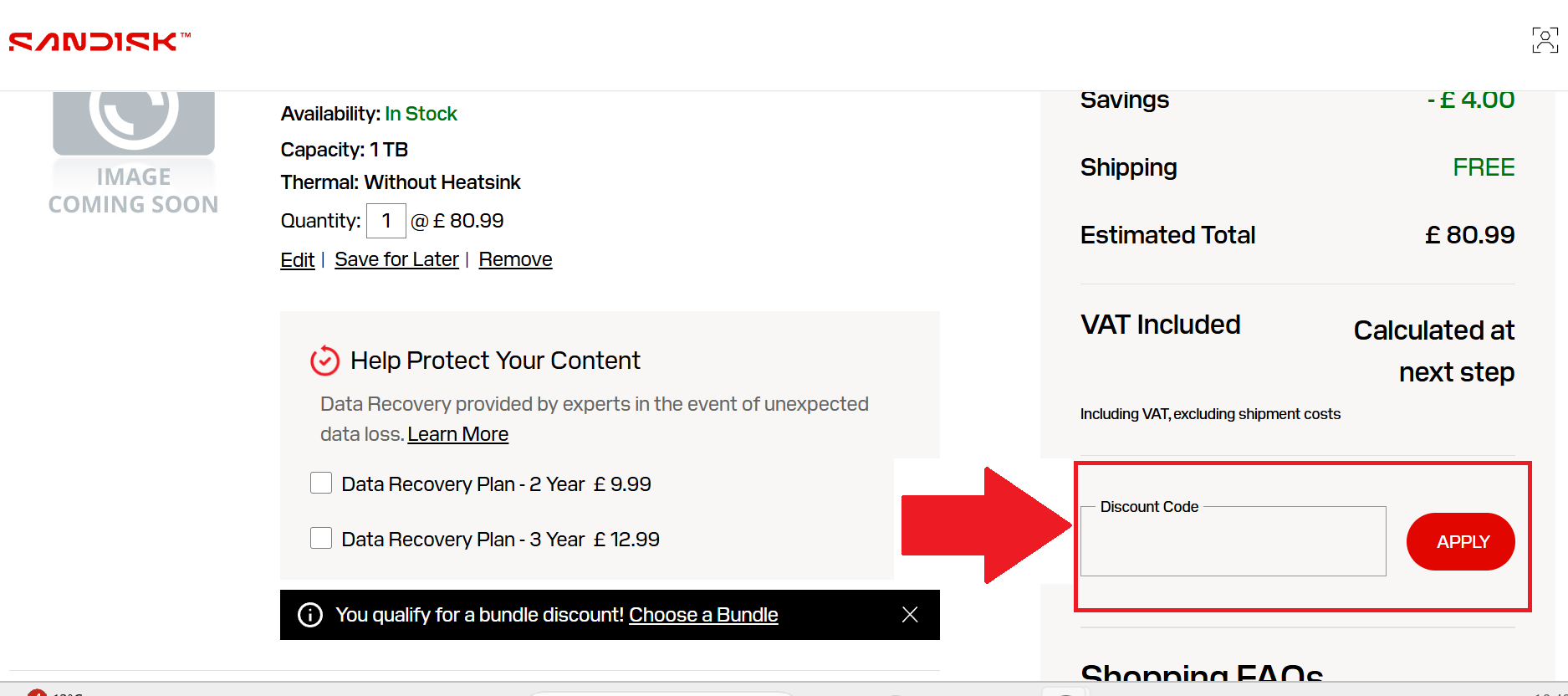 A screenshot of the sandisk checkout page showing where to enter a sandisk promo code