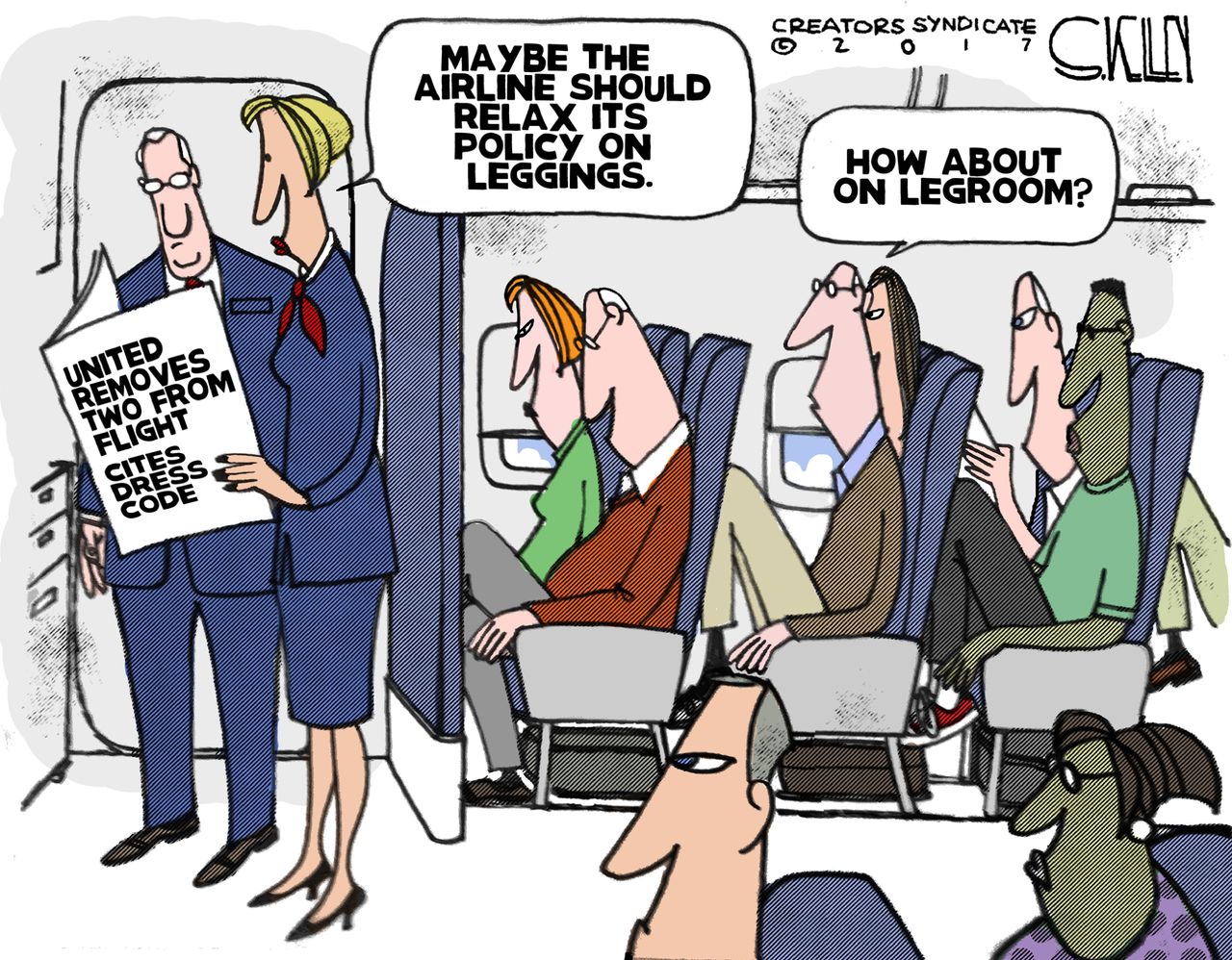 Editorial Cartoon U.S. United airlines dress code leggings leg room