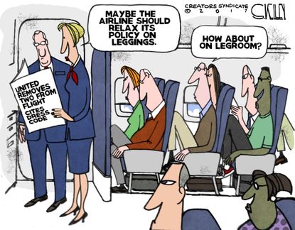 Editorial Cartoon U.S. United airlines dress code leggings leg room