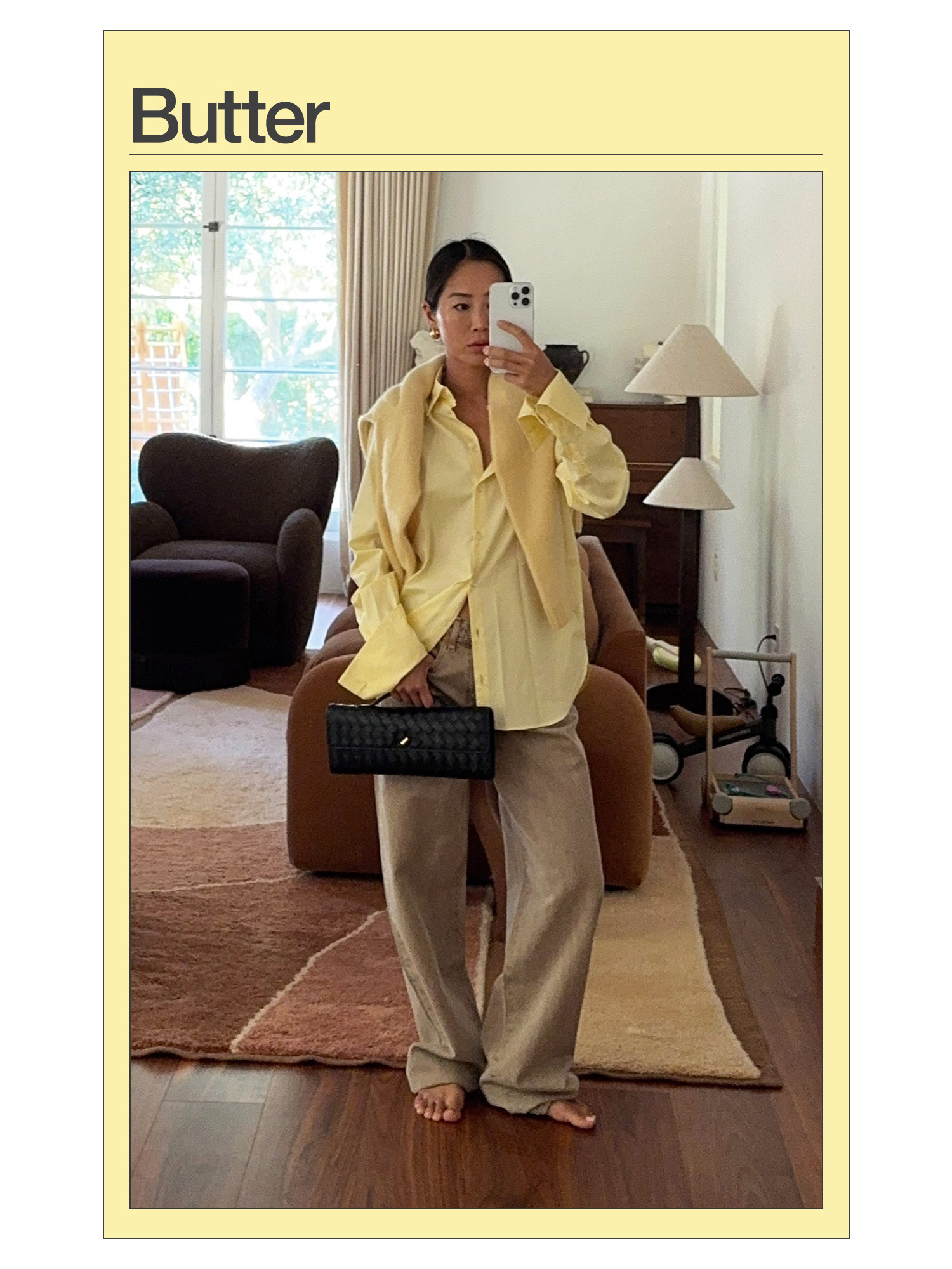 Aimee Song wearing a butter yellow sweater