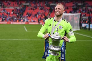 Kasper Schmeichel with the FA Cup at Wembley after Leicester City's win over Chelsea in 2021.