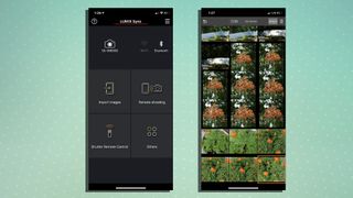 Screenshots from Panasonic's camera app, Lumix Sync. On the left is the control panel, on the right is the camera roll