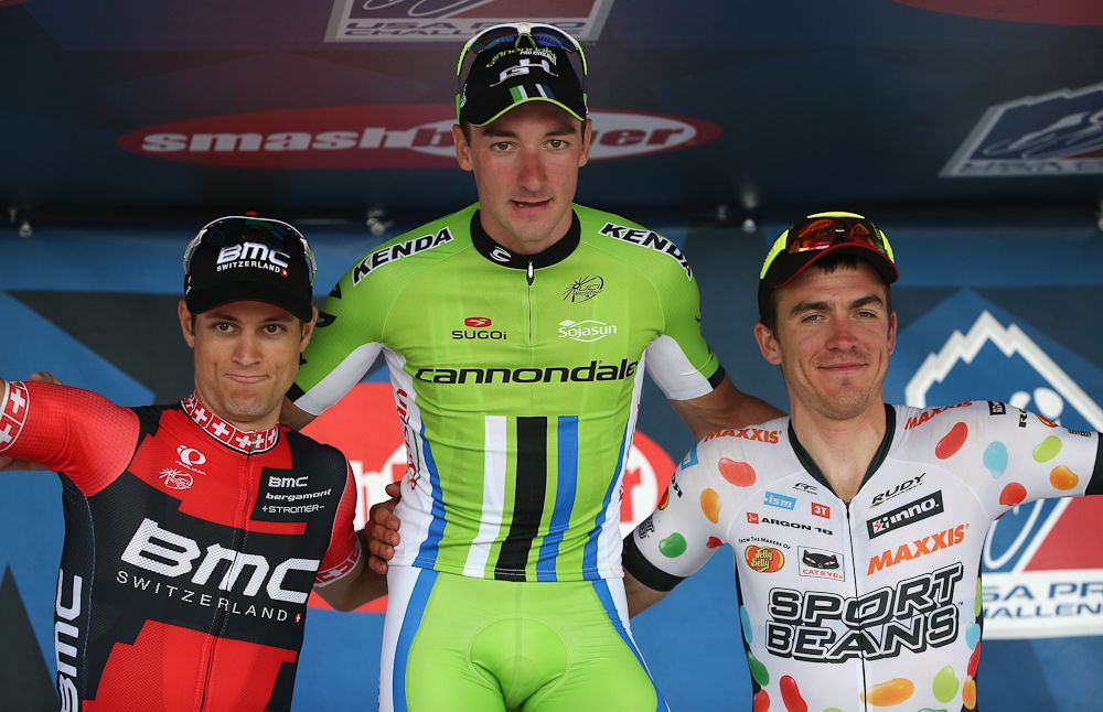 Elia Viviani (Cannondale) celebrates after winning stage 4 of the 2014 USA Pro Challenge ahead of Martin Kohler (BMC) and Serghei Tvetcov (Jelly Belly).