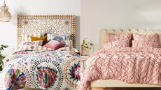 Two pictures of beds: one with a colorful pattern and one with pink bedding