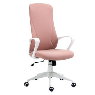 A pink office chair with white legs and arms