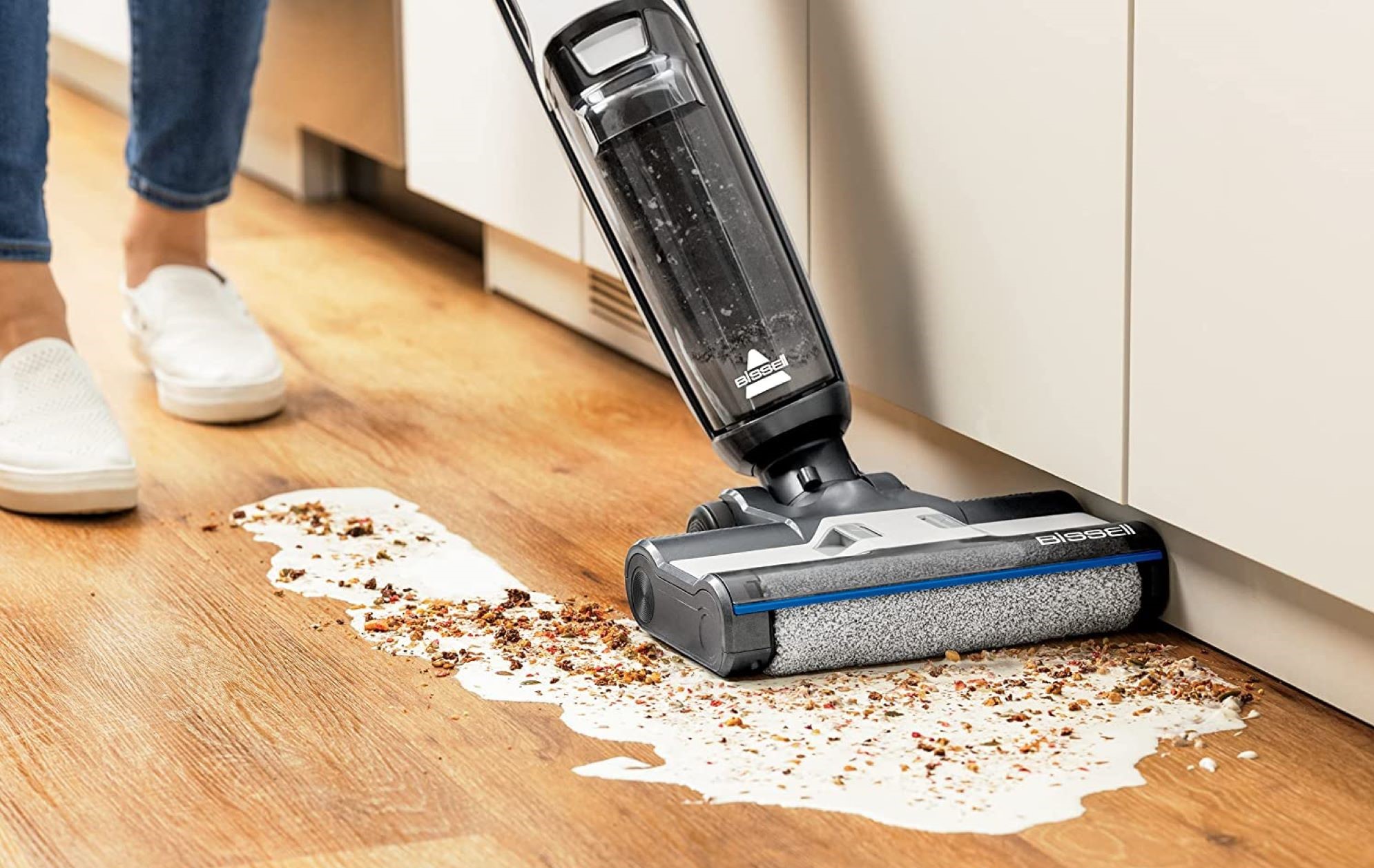 Bissell Crosswave vacuum mop cleaning up a mess