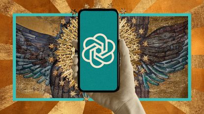 Photo collage of a hand holding a phone with the OpenAI logo on the screen, surrounded by gilding and Christian religious iconography 