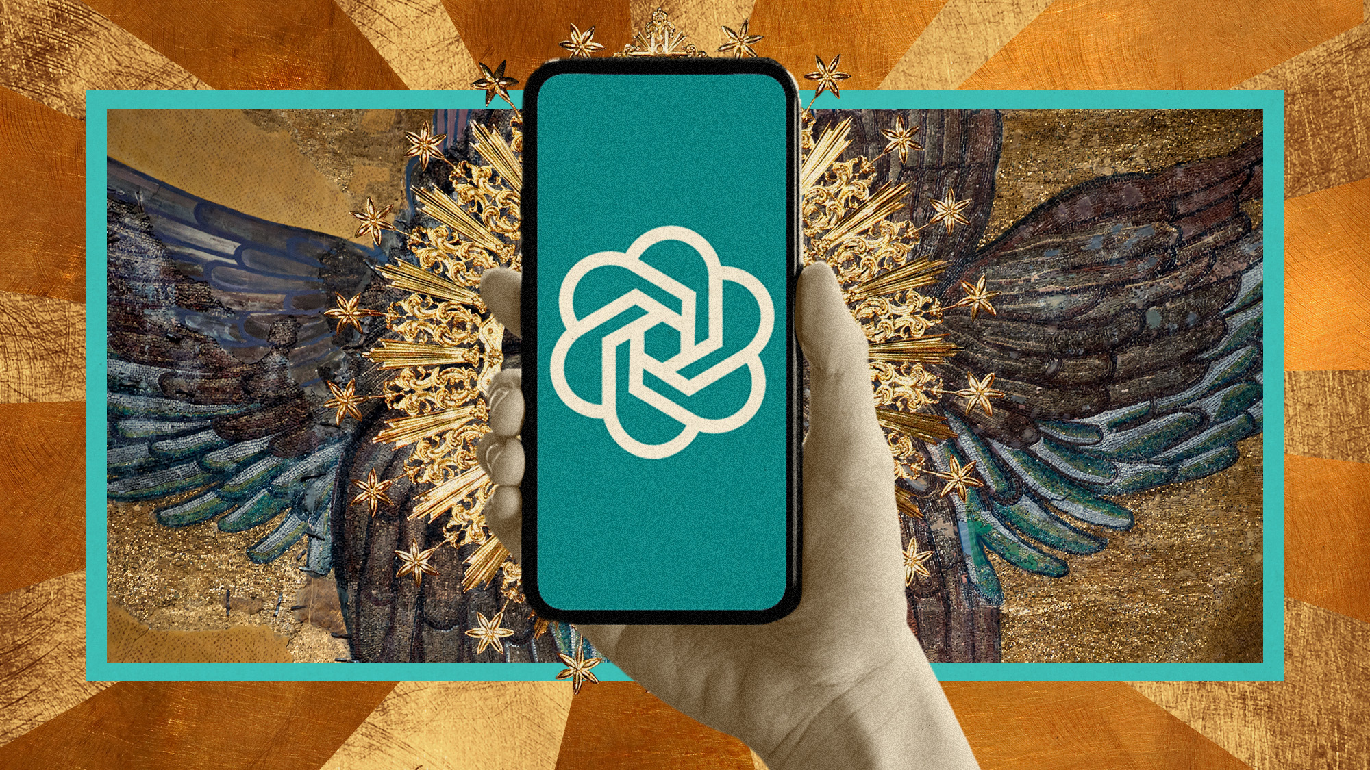 Photo collage of a hand holding a phone with the OpenAI logo on the screen, surrounded by gilding and Christian religious iconography 