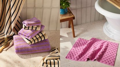 New in at Brooklinen bathroom towel collection new in bright pink and purple colors 