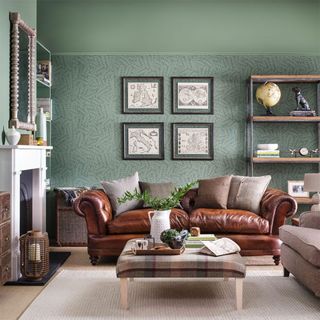 living room with chesterfield style sofa and wool upholstered armchairs