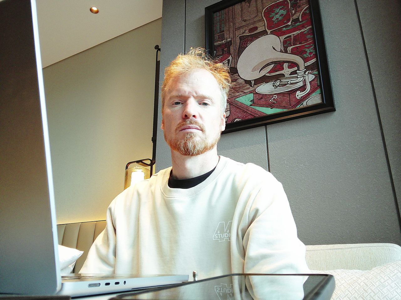 Fujifilm Instax Pal 2 sample gallery: man sat at a table with laptop in front of him