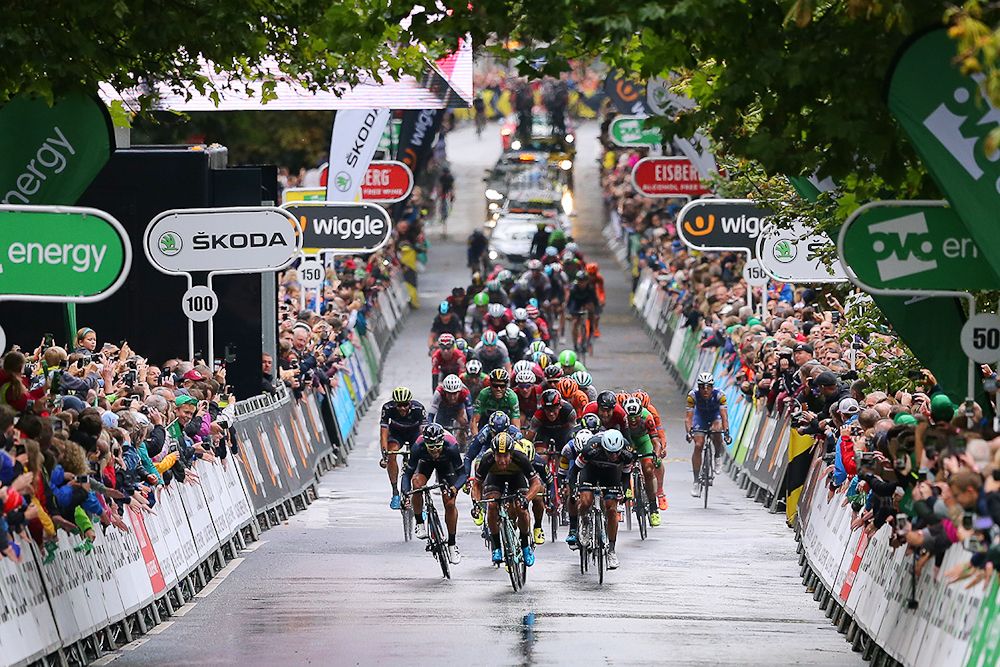 The sprinters bear down on the finish during stage 7 at the Tour of Britain