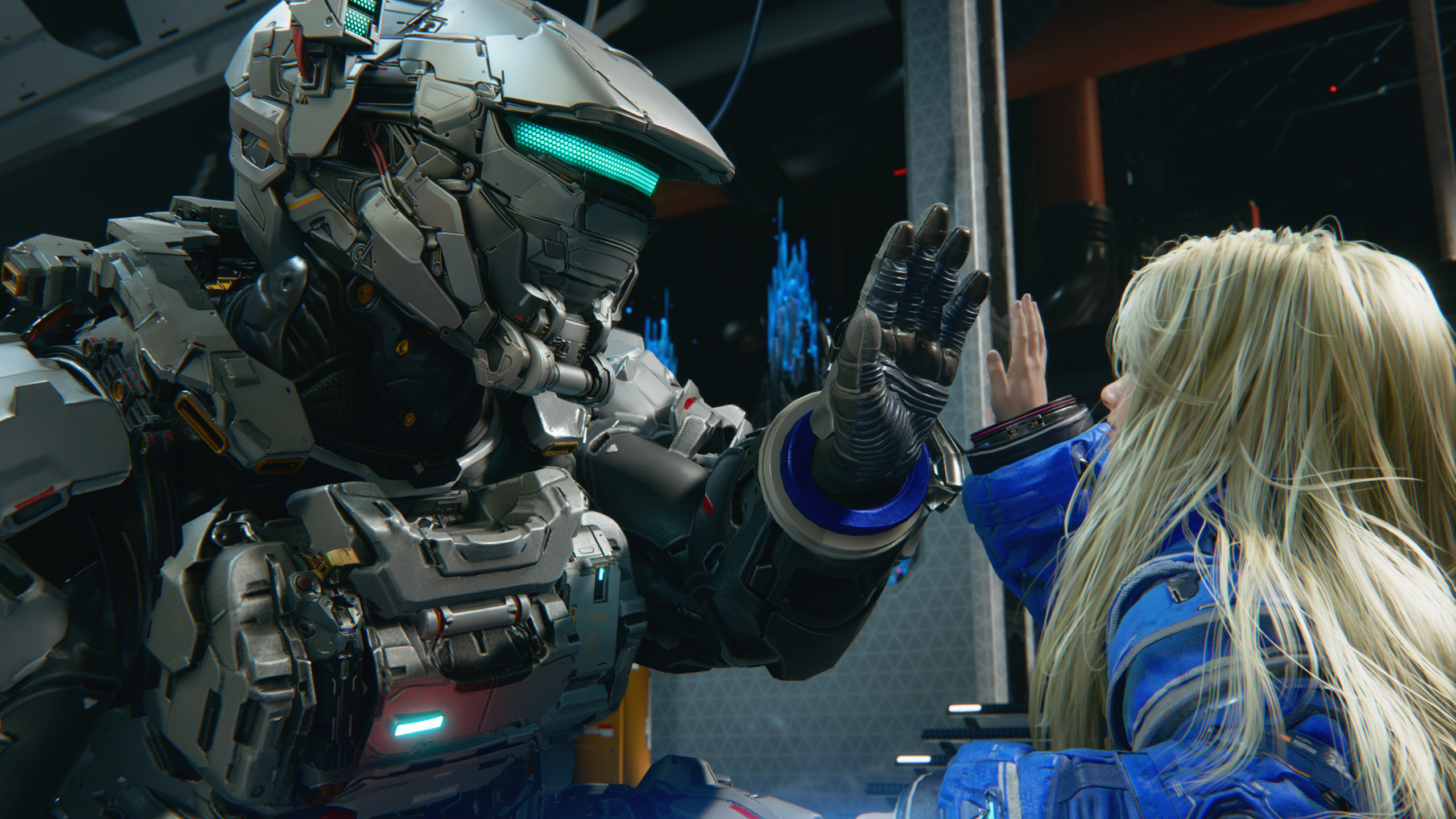 Pragmata: Hugh and Diana high-fiving.