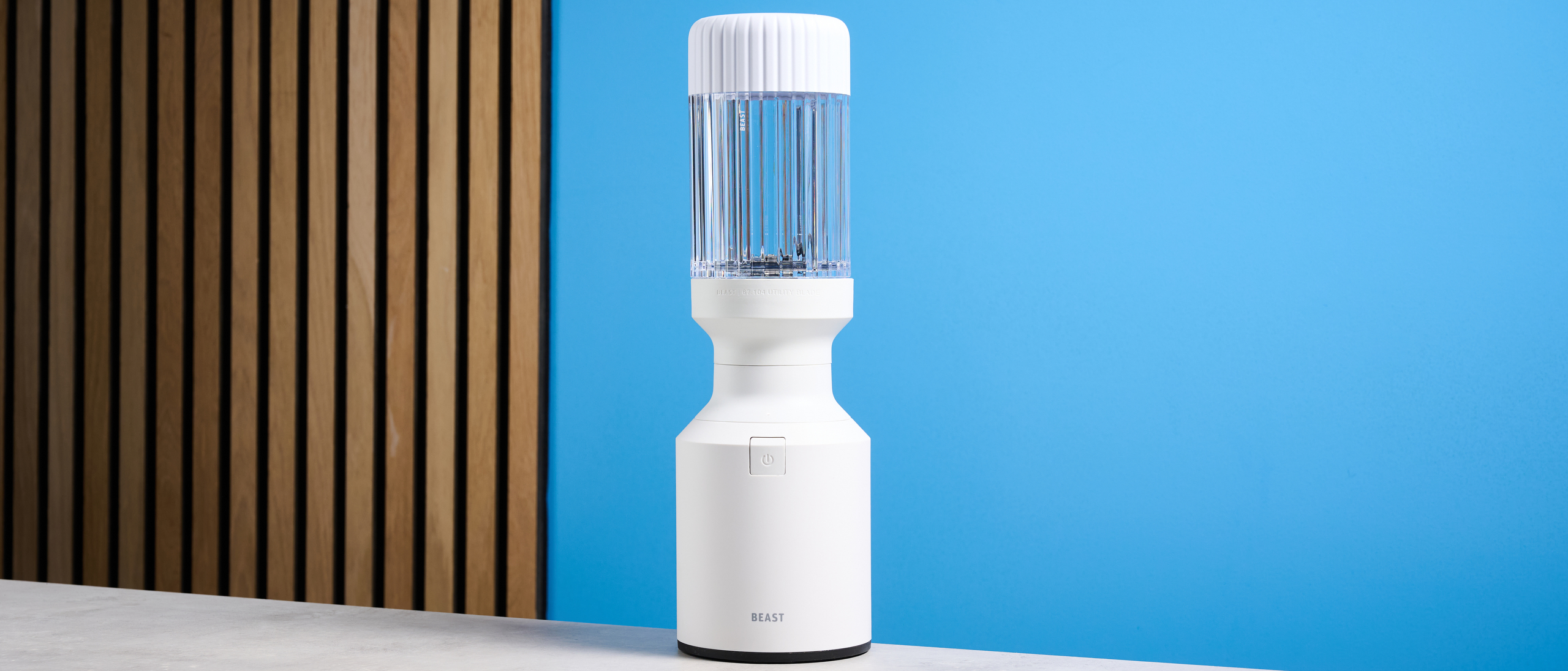 Beast Mighty 850 Plus personal blender in cloud white colorway with attachments.