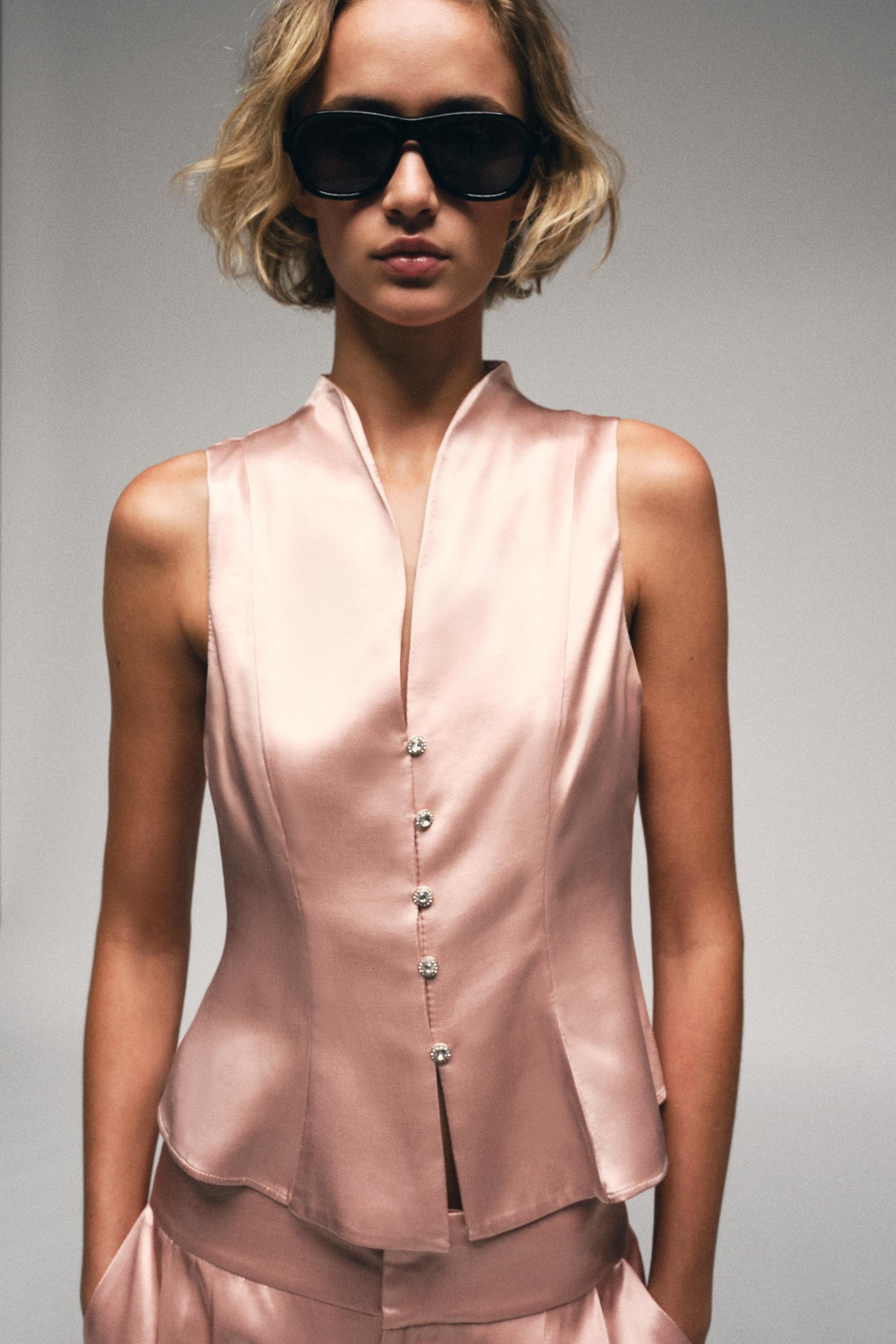 Jewel Button Satin Effect Top - Pink - Xs