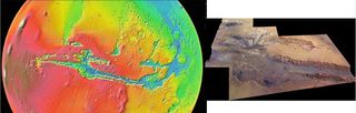 Valles Marineris seen in a colour-coded topographic view as if from 5,000 km above the surface (left), and imaged by the High Resolution Stereo Camera on Esa’s Mars Express (right).