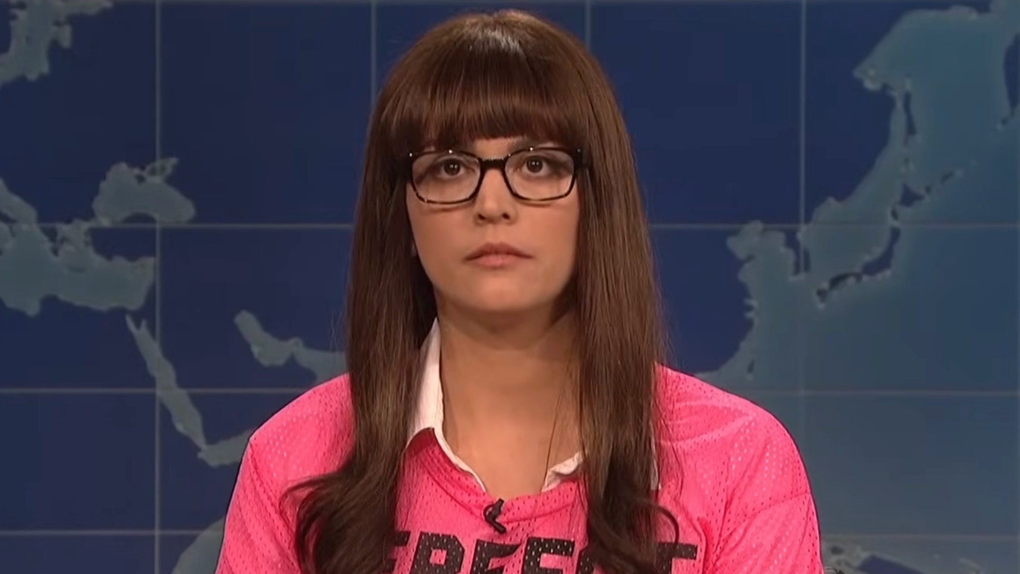 Cecily Strong in the football girl Weekend Update sketch. 